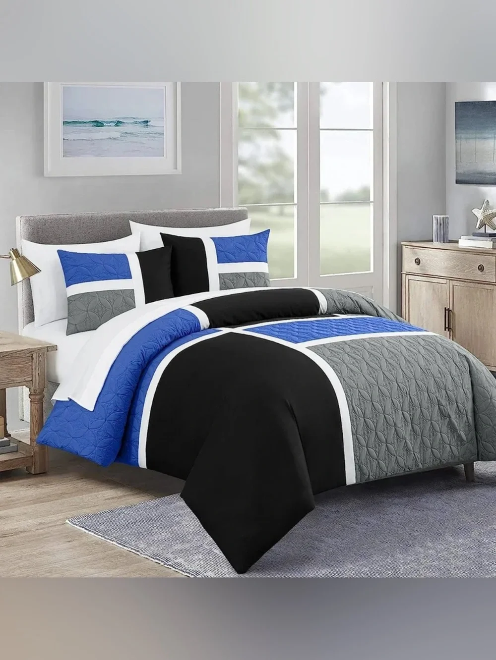Modern Blue, Black & Gray Geometric king 3 piece comforter set